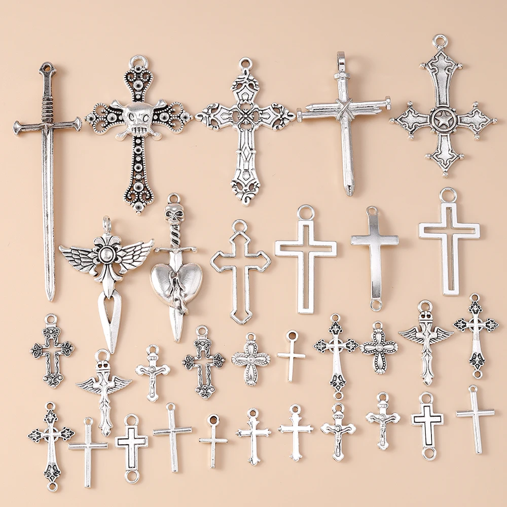 Leslie 10/20/30 Stück Steampunk Kreuz Charms für Ohrringe Halskette Schmuckherstellung Silber Farbe Gothic Kreuze Anhänger DIY Versorgung