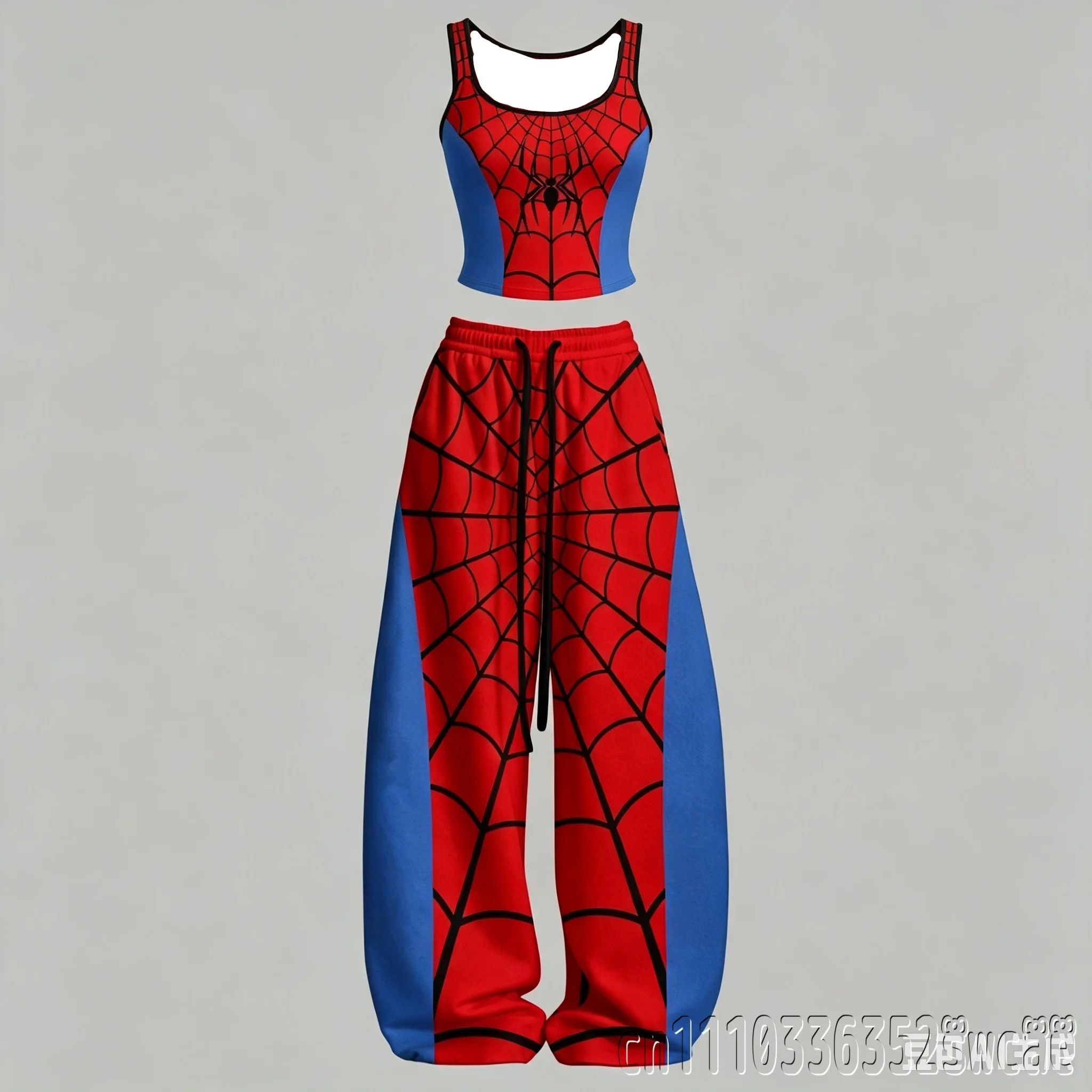 2026/27 Spinnennetz-Print Crop-Tanktop und Weitbein-Hosen-Set Lässiger Zweiteiler Trainingsanzug Hot Girl Streetwear Outfit für Familie K