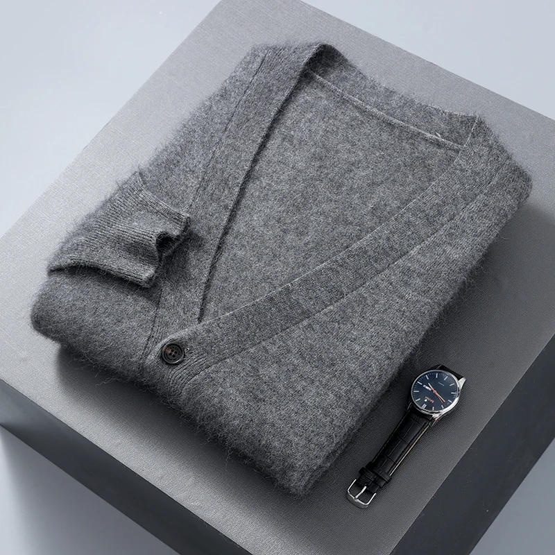 2023 Autumn Winter New Cardigan Men's V-Neck Top 100% Mink Cashmere Knitted Sweater Casual Loose Large Long Sleeved shirt Jacket 3