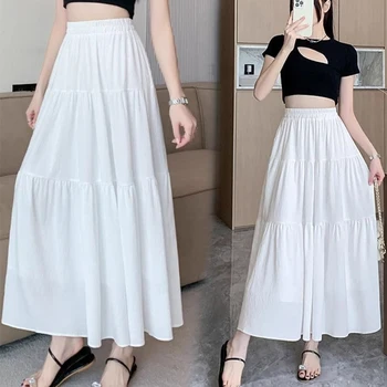 1pcs Women Skirts Girls High Waist Chic Long Cake A-line Skirt Female White Black Vintage Fashion With Lining Long Dress 1