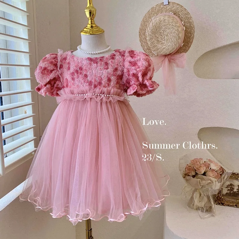 

Boutique Children's Dress 2023 Summer 3D Rose Beading Mesh Sweet Baby Princess Dress Girls' Dress for Party Wedding Dress