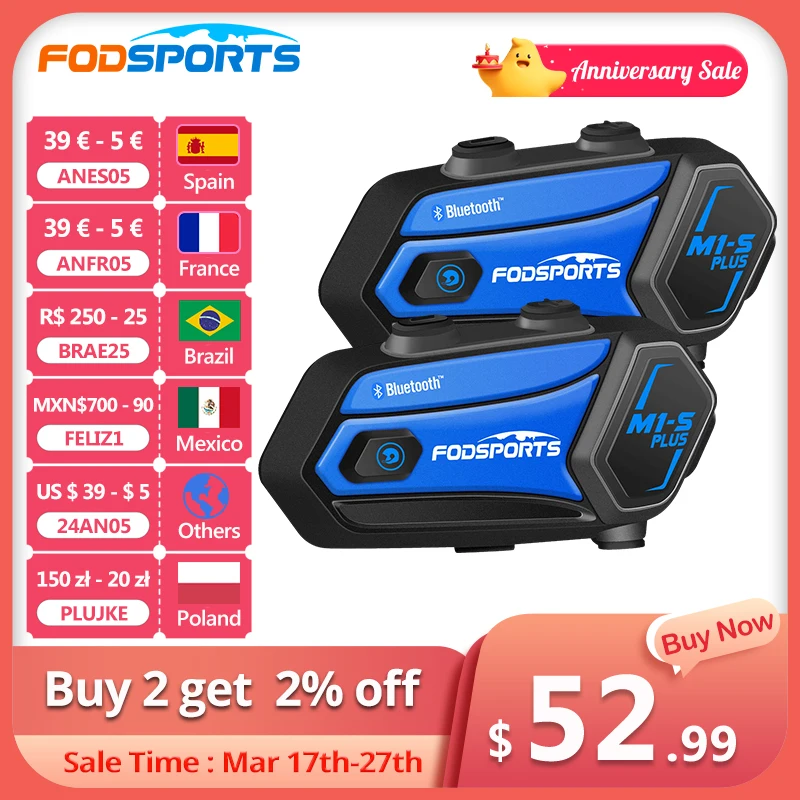 Интерком Fodsports M1-S Plus для мотоциклетного шлема