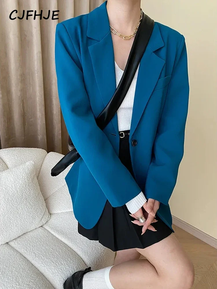 

CJFHJE Loose Blue Button Casual Suit Jackets Women Solid Color Office Ladies Blazers Vintage Yellow All-match Female Outerwear