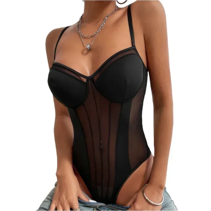 Women Lingerie Bra Black Skinny See Thorugh One Pieces Bodysuit For Women Sexy Adjustable Strap Padded Push Up Bra Romper Playsuits ventilate