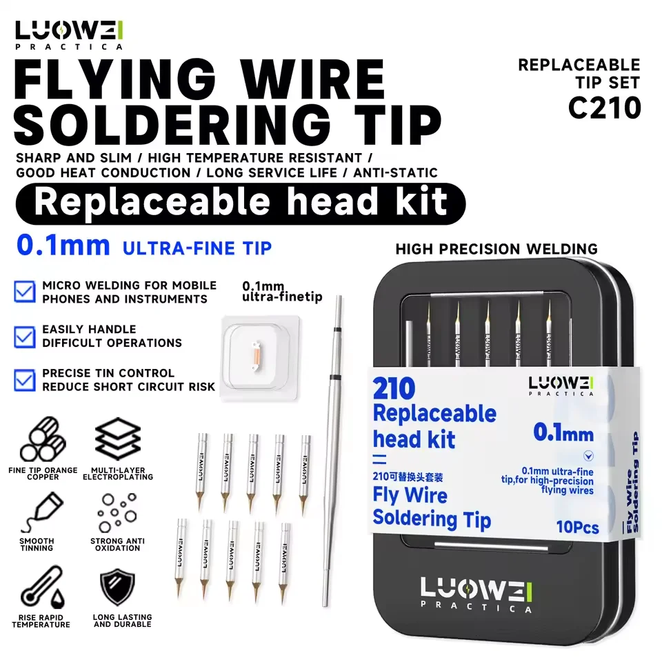? 10개 LUOWEI LW-C210 플라이 와이어 납땜 팁 키트 0.1mm 교체 가능 벤트 포인트 나이프 팁 (휴대폰 PCB 수리 도구용)