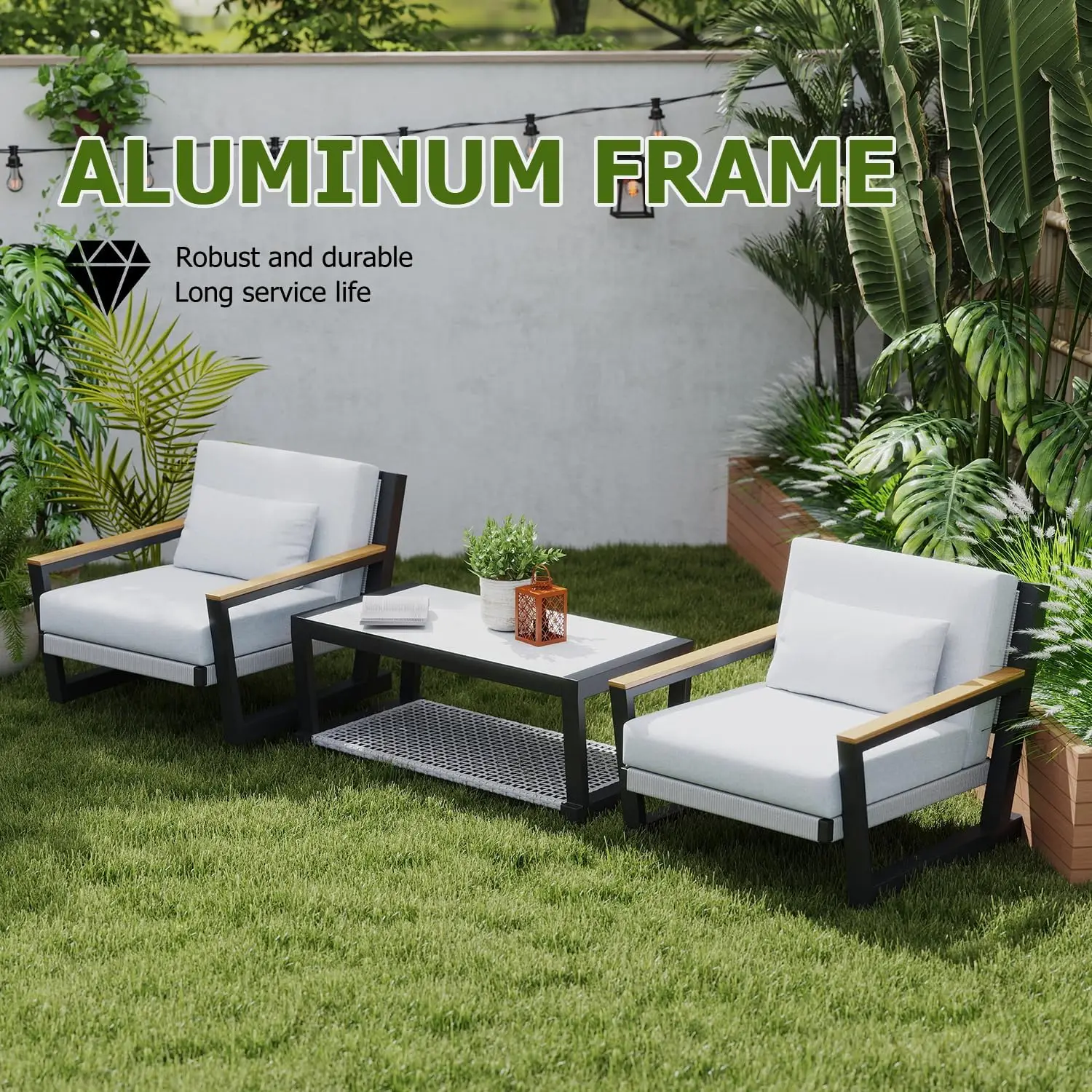 Aluminum Outdoor Patio Furniture Set 5 Seat, Patio Conversation Set with Durable Mesh Rope Weaving, Wide Armrests and Seats