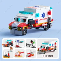 City Series Medical Ambulance 6 In1 MOC Building Blocks Kit Bricks Rescue Vehicles Doctor Car Classic DIY Model Kid For Toy Gift 1