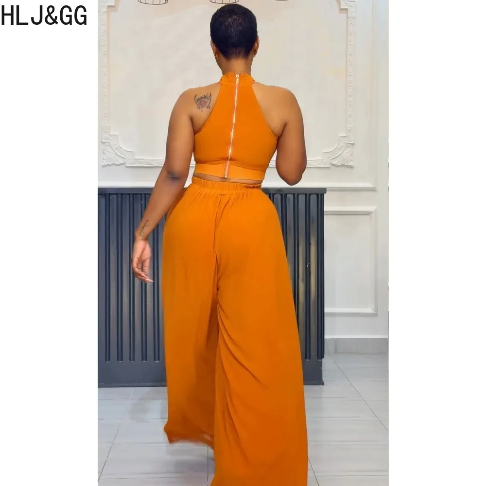 HLJ&GG Summer New Solid Wide Leg Pants Two Piece Sets Women Halter Sleeveless Crop Top And Pants Outfits Elegant Lady Clothing