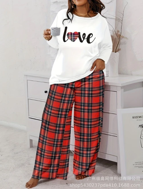 Women's Set 2024 Spring/Summer New Letter Long sleeved Round Neck Pajamas+Checkered Loose Pants Set