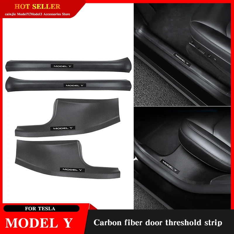 

For Tesla Model Y Front&Rear Row Built-in Threshold Bar Protection ABS Carbon Fiber Stripe Welcome Pedal 2021-2023 Accessory