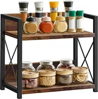Étagère épices bois deux niveaux gain place organiseur multifonction plan travail cuisine station café rangement assaisonnements accessoires café ustensiles cuisine plans domestiques maison 1