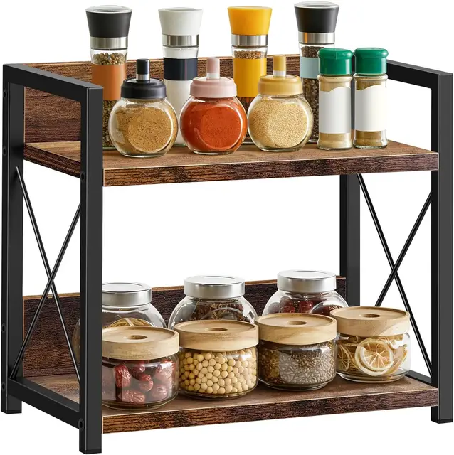 Étagère épices bois deux niveaux gain place organiseur multifonction plan travail cuisine station café rangement assaisonnements accessoires café ustensiles cuisine plans domestiques maison 1