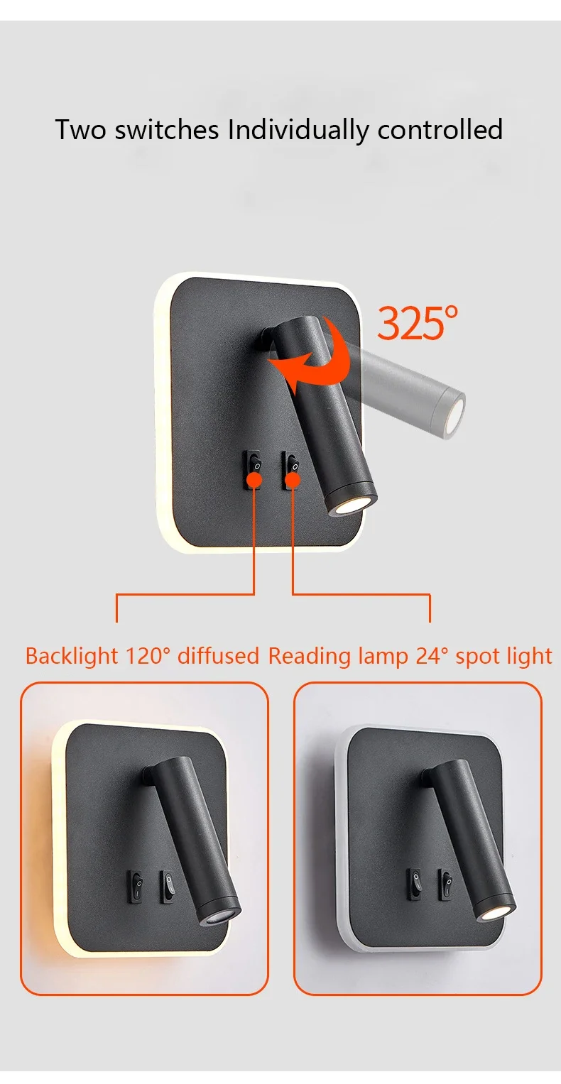 Modern Minimalist Led Wall Lamp USB Charging Indoor Bedroom Lamp Hotel Bedside Reading Lamp Wall Lights Sconce Switch AC 90~240V 4