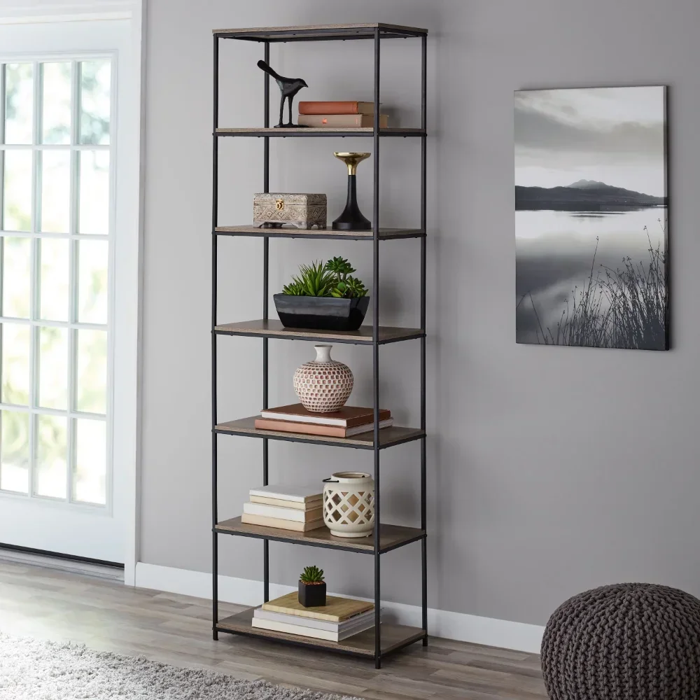 

6-Shelf Metal Frame Bookcase, Rustic Brown furniture armarios de dormitorio cajonera armario