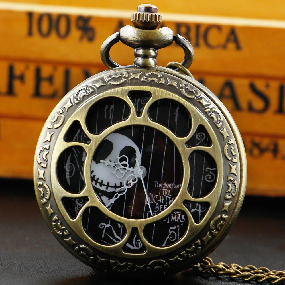 

Bronze Vintage Skull Hollow Quartz Pocket Watch Steampunk Vintage Men's Women Necklace Fob Chain Clock Christmas Gifts reloj