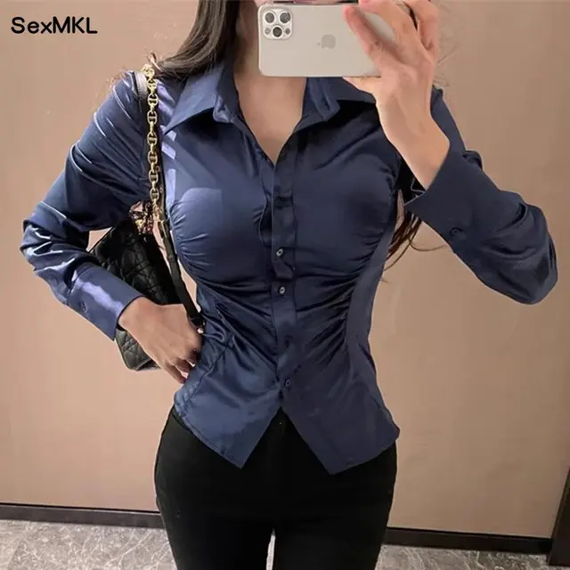Elegant Office Silk White Shirts Women Long Sleeve OL Blusas Mujer Korean Y2k Clothes Slim Button Up Casual Blouses Vintage Tops 1