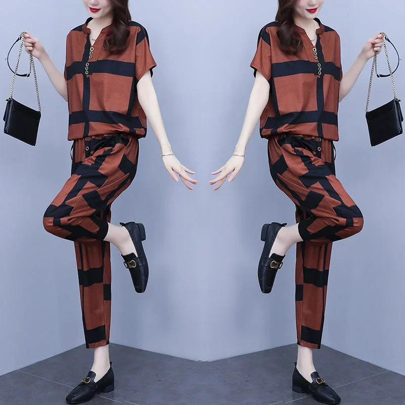 

Women's Fashion Suit Summer New Loose Korean Style Casual Plus Size Clothing Short Sleeve Tops Harun Pants 2 Two Piece Set Z26