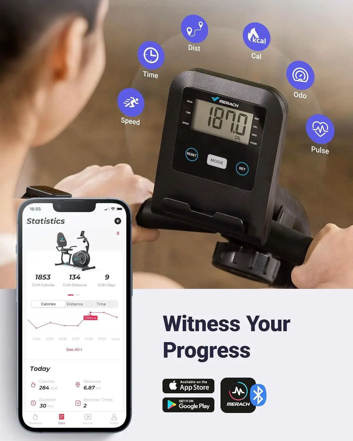 Recumbent Exercise Bike for Home with Smart Bluetooth and Exclusive App Connectivity, LCD, Heart Rate Handle, Magnetic