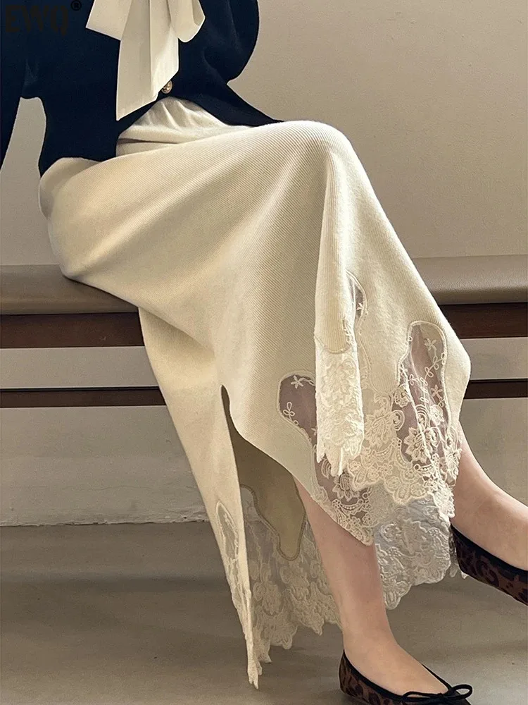 

[EWQ] Korean Style Solid Color Split Knit Thickened Lace Skirt Elegant All Match White Skirts Women 2024 Spring Autumn 16U7256