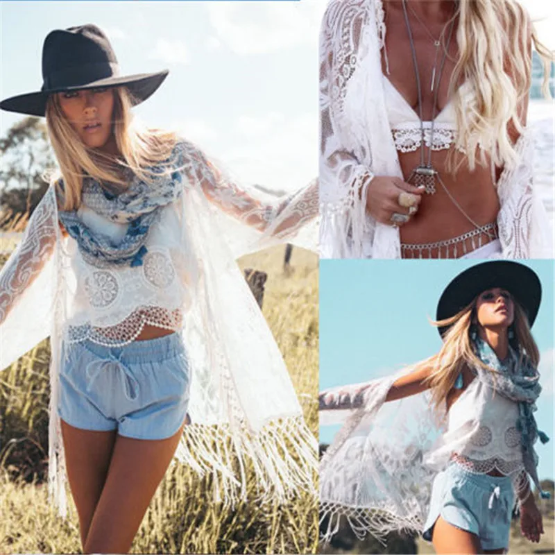 

Women Solid White Lace Crochet Tassel Bikini Swimwear Cover Up Women Tassel Beach Dress Bathing Suit Beach Swimwear cover up
