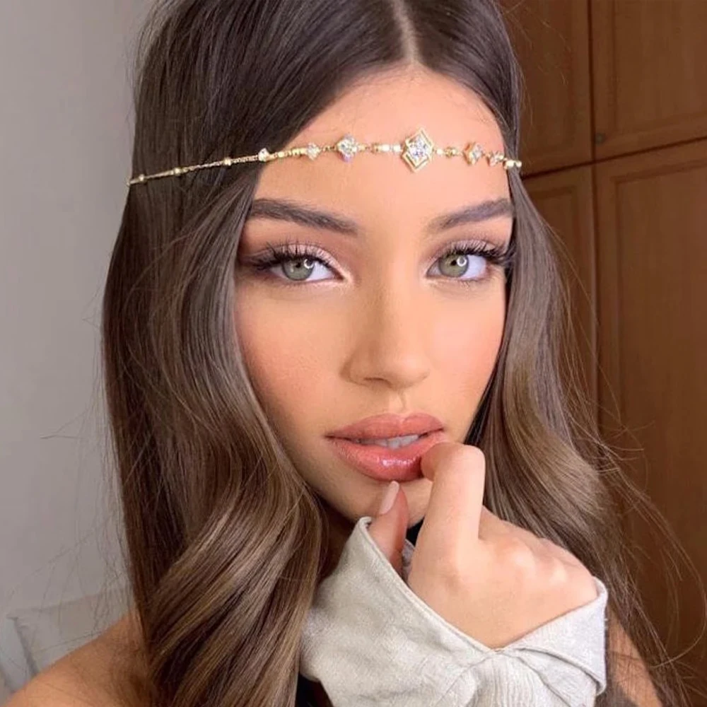 Hair Accessory Hair Headdress Jewelry Accessories Elegant Boho Square Forehead Chain Headband Hair Decoration Fashion Gift Indian Rhinestone Head Chain Princess Jewelry Gift