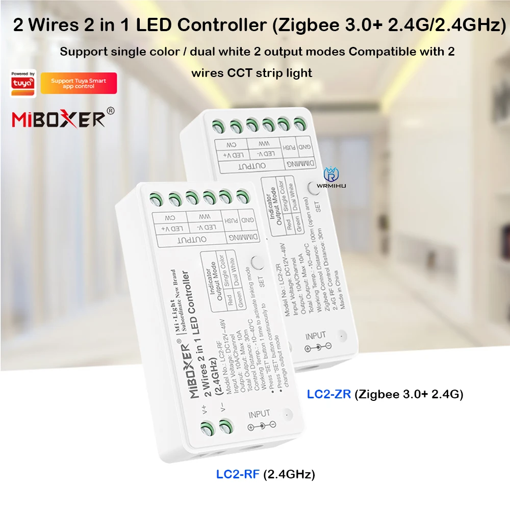 

Miboxer LC2-RF/ZR Single color LED Strip Controller 2 Wires 2 in 1 LED Controller (Zigbee 3.0+2.4GHz) Dimmer CCT COB led Strips
