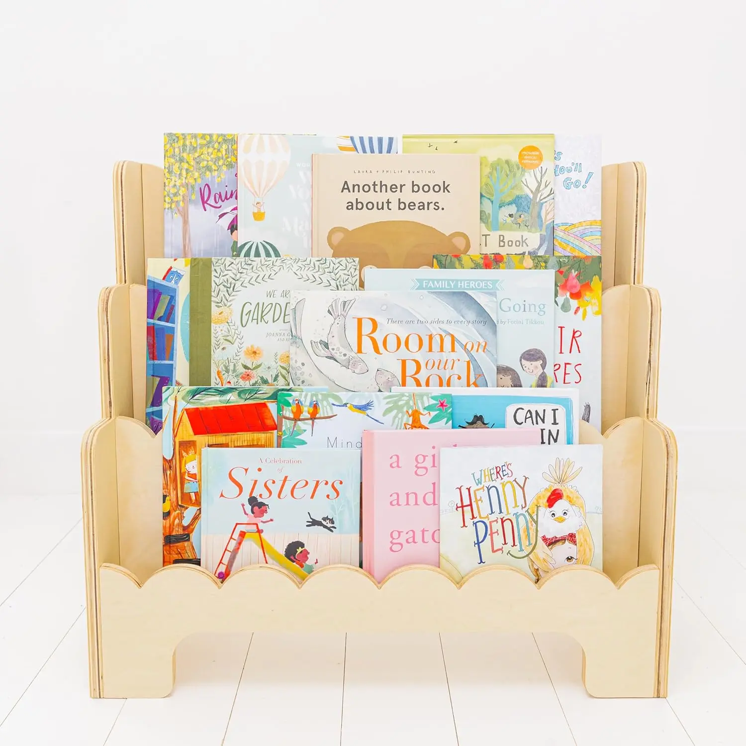 Wooden Kids Bookshelf w/Scalloped Edges Perfect Height 3-Tier Montessori Bookshelf for Kids for Room or Playroom