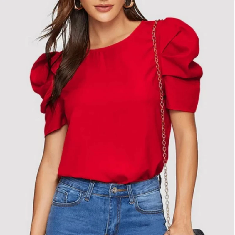 

Модная однотонная Летняя женская рубашка, винтажные элегантные блузки с пышными короткими рукавами, женские повседневные белые топы с круглым вырезом, одежда, блузы 25291