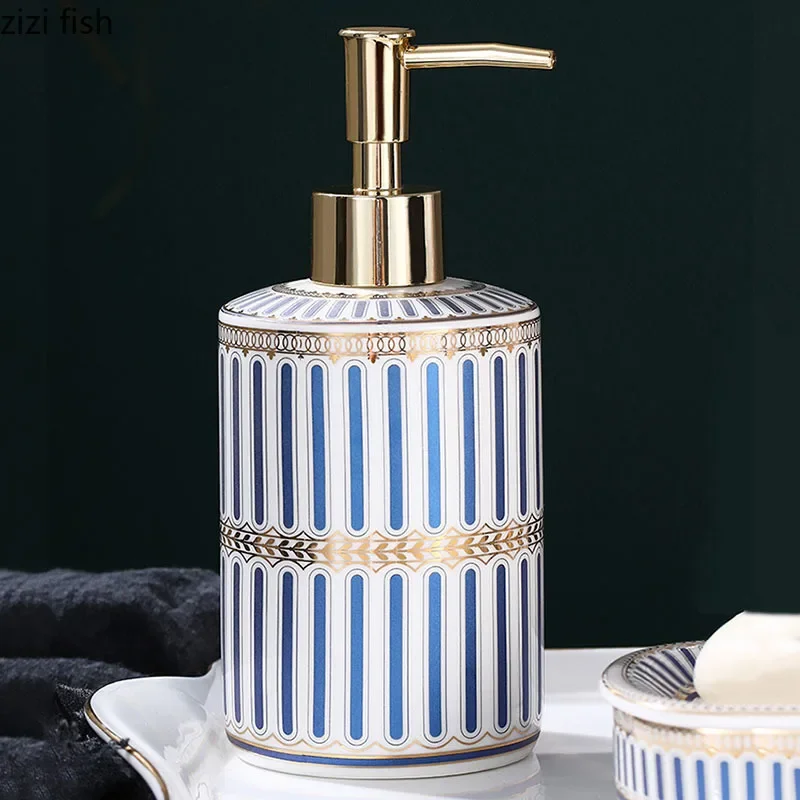 Blue and White Stripes Bathroom Decoration Accessories Ceramic Toothbrush Holder Portable Soap Dispenser Mouth Mug Bath Supplies