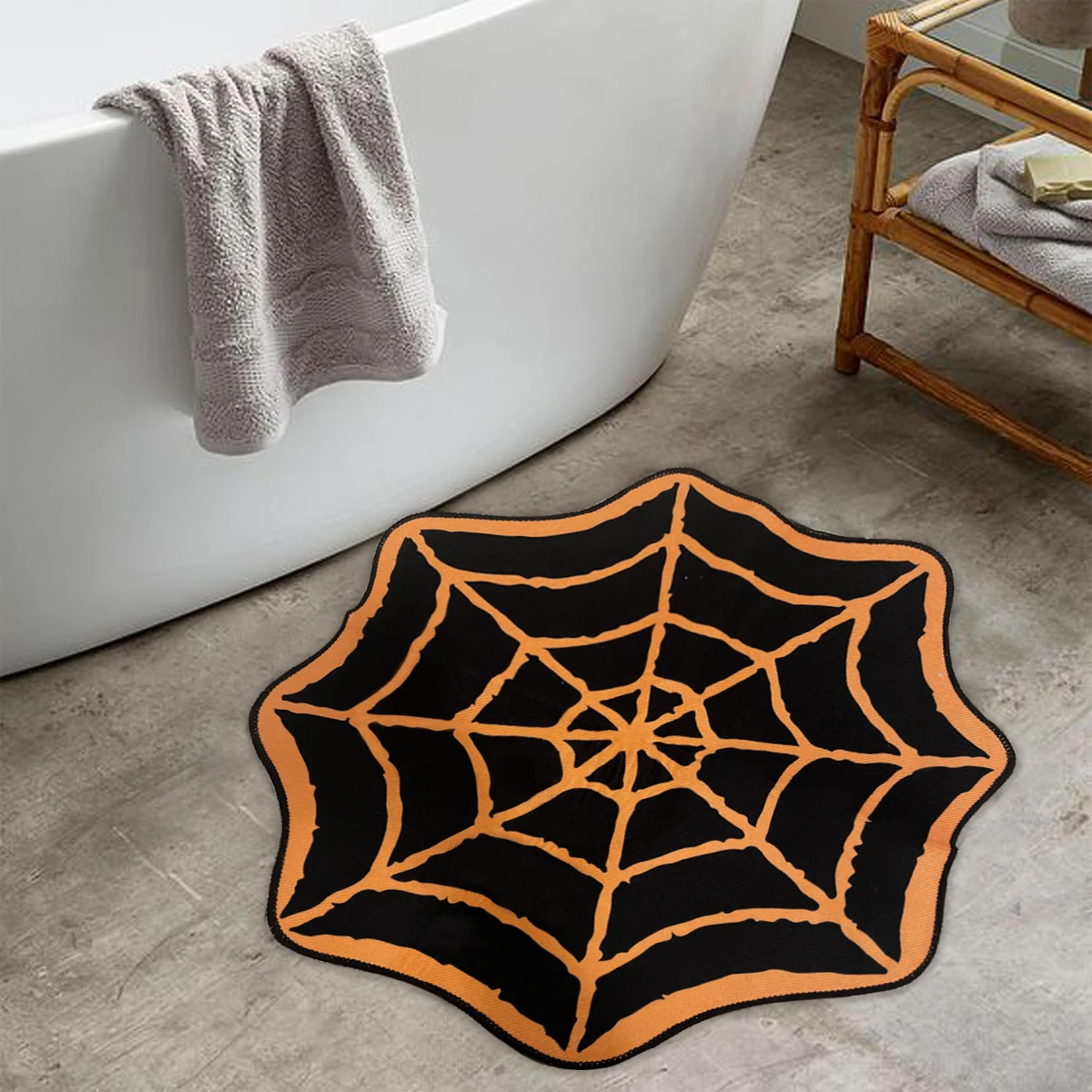 1PC Washable Spooky Gothic Rug Non-Slip Spiderweb Aisle Runner Spider Web Rug Orange Black Halloween Party Mat for Home Decor