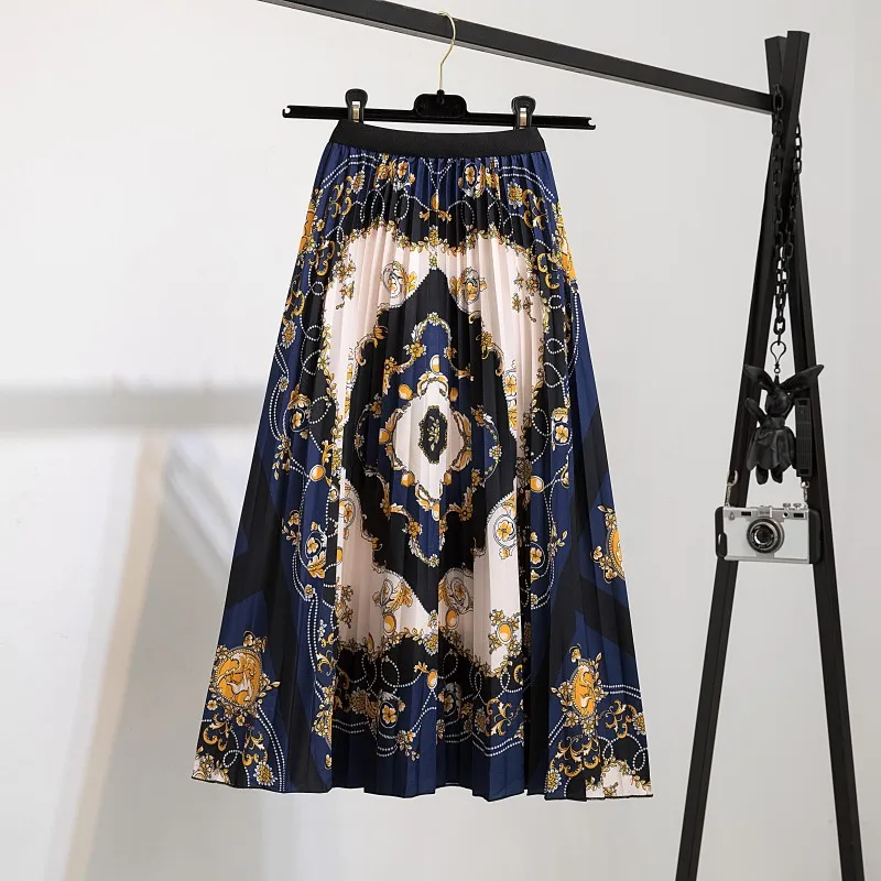 hoop skirt Summer New Women's Printed Retro Pleated Skirt Stretch Waist Mid-length Skirt Women and Calf Loose Pleated Casual  Midi Skirts satin midi skirt