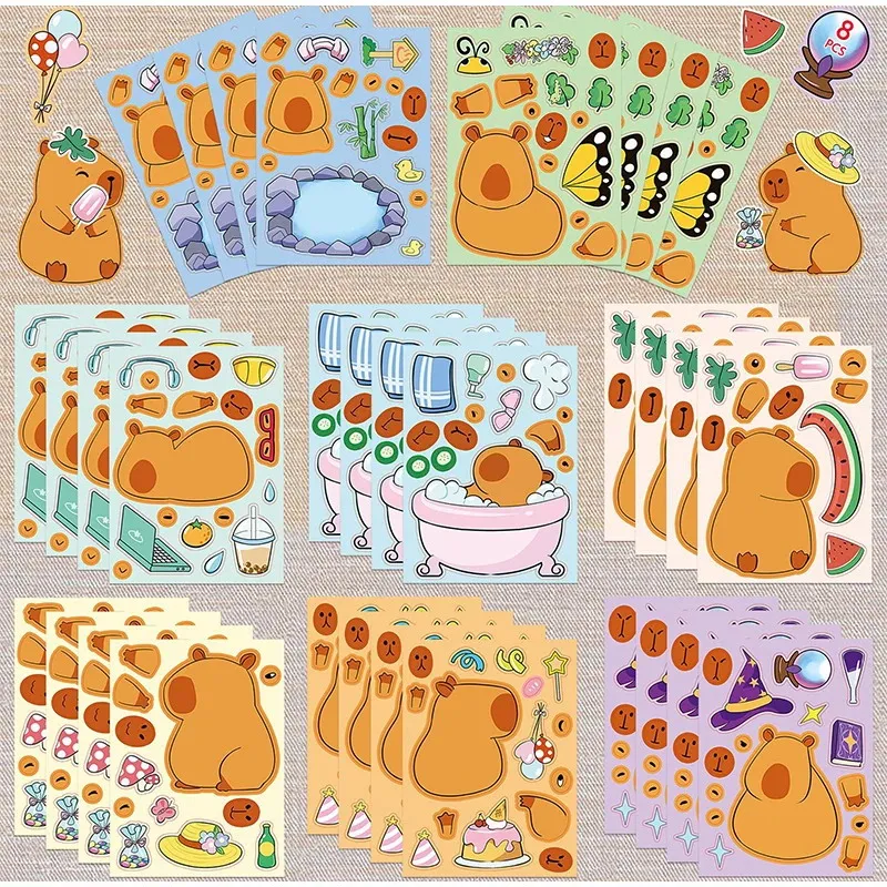 Cartoon Stickers 8sheets Capybara Diy Make A Face Puzzle Toys Kids Birthday Party Favors Pinata Fillers School Rewards