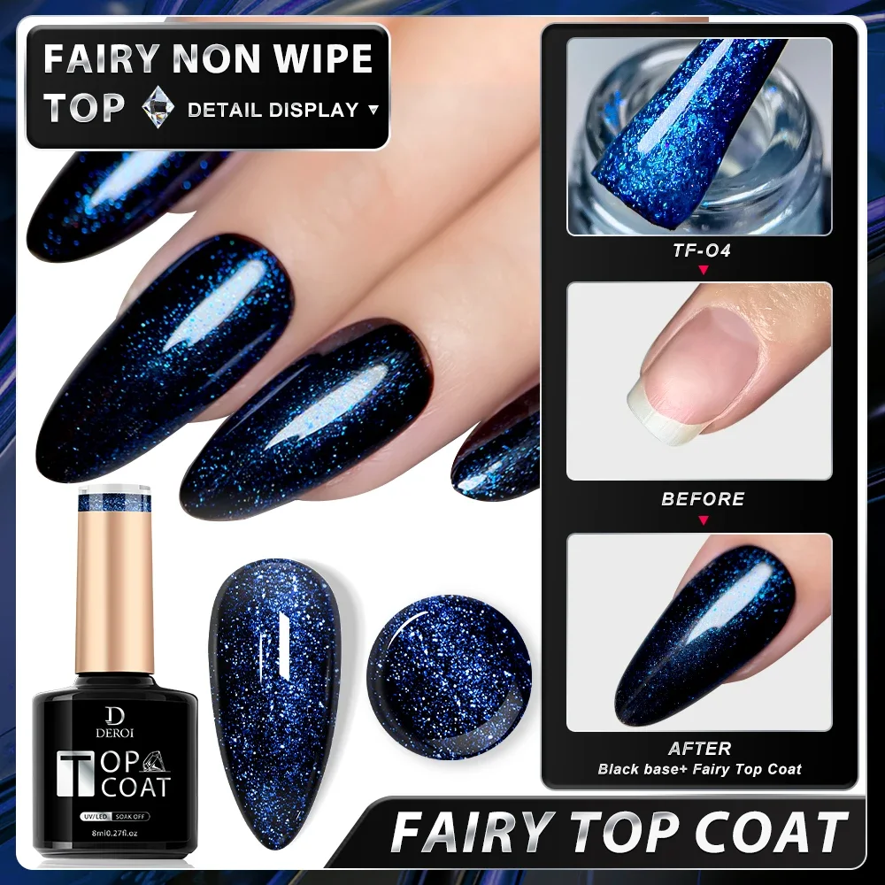 DEROI 8ml Glitter No Wipe Gel Top Coat Shine Topcoat Ultra Brillant Soak Off Manicure Semi Permanent Matte Nail Polish Clear 6