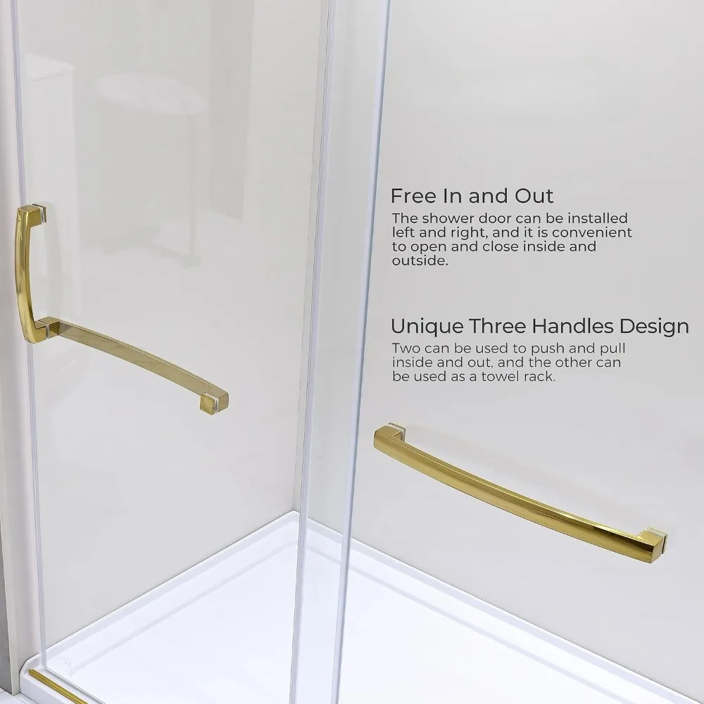 Shower Door Gold Frameless Sliding Shower Door with Additional Towel Bar, 56-60.in W x 75.in H Shower Glass Door with 5/16" 8mm 4
