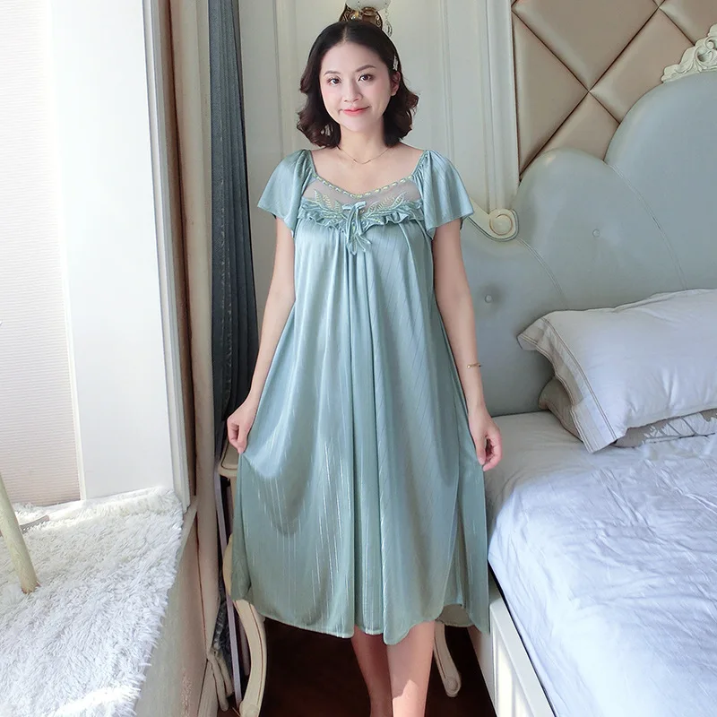 Ladies Nightdress Sexy Ice Lace Large Size Solid Color Flower Pajamas Thin Short-sleeved Lace Skirt Night Dress Women Dress