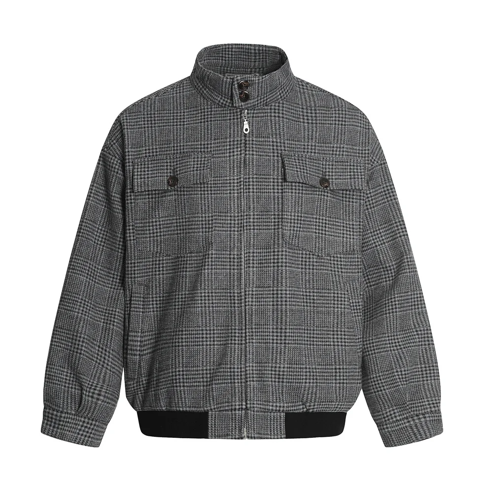 ג'קט פלאיד כיס לגברים רטרו סתיו רגיל מרופד עם צווארון עומד שרוול ארוך בדיקה חיצונית לגברים