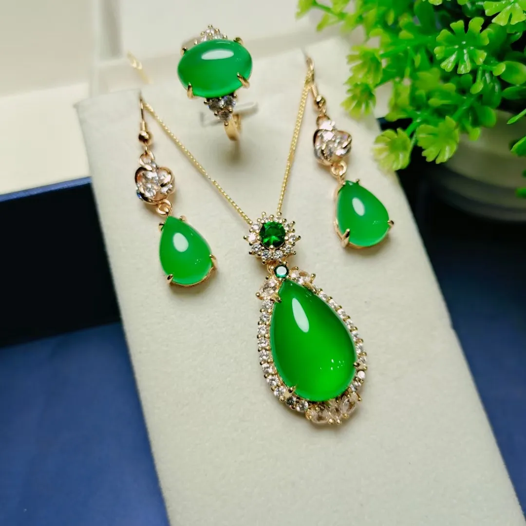 

Green Jade Jewelry Sets For Women Water Drop Pendant Necklace With Emerald Zircon Dangle Earrings And Jades Rings Jewellery Set