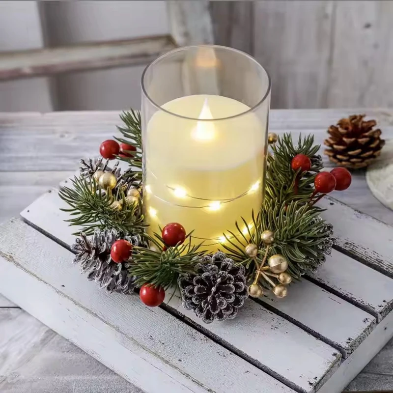 Christmas Candle Ring Artificial Pine Needle Pinecone Berries Garland New Year Party Home Table Decoration Candle Wreath Gifts
