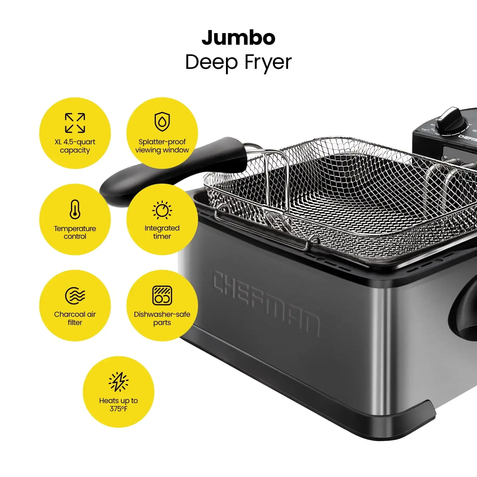NEW Stainless Steel Deep Fryer XL 4.5 Liter Capacity, Adjustable Temperature & Timer Black