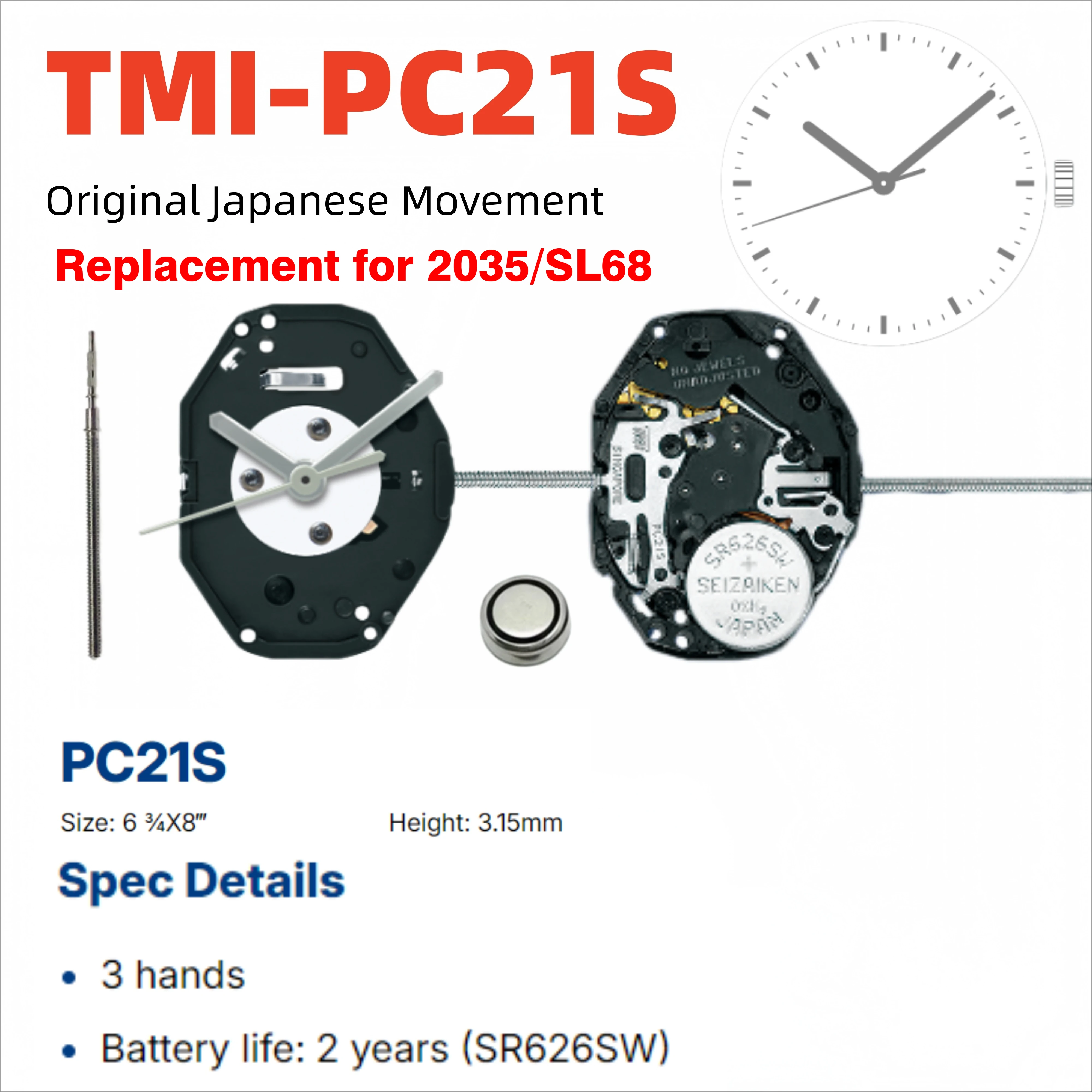 TMI-PC21 미요타 Pc21s 쿼츠 무브먼트 시계 액세서리용 일본 무브먼트 전자식 무브먼트 3핸즈 2035 교체품