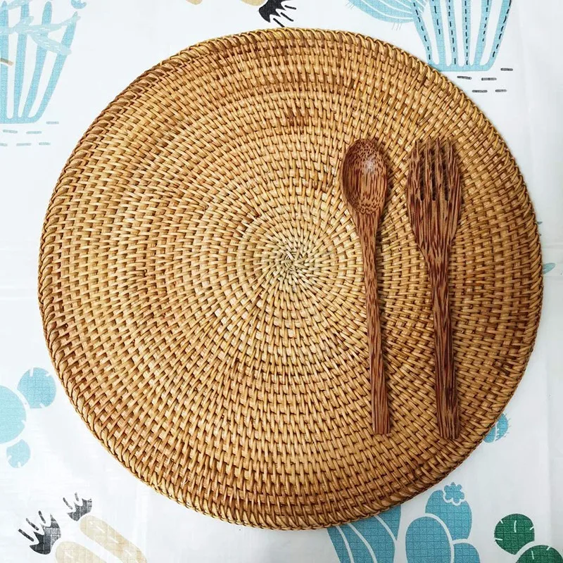 2 Pcs Handmade Round Natural Rattan Placemat Farmhouse Round Wicker Placemats For Dining Table,Wedding,Parties,BBQ's,Etc