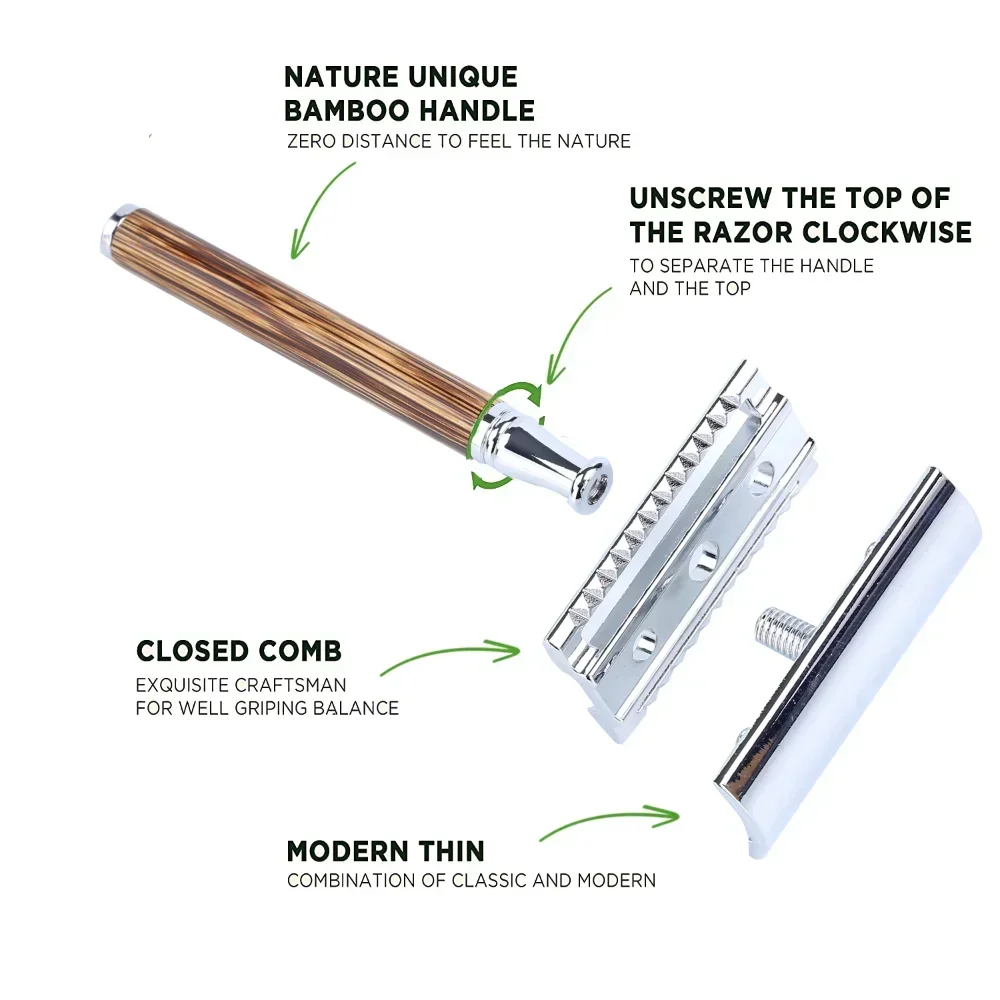Vintage Shaver Stainless Steel Double-sided Blade Natural Bamboo Handle Manual Safety Razor Blade Shaver - Image 5