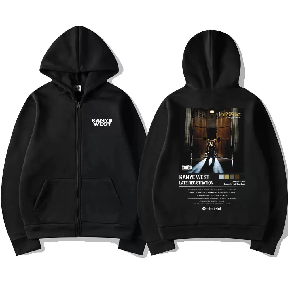 Rapper Kanye West Late Registration Album Print Zipper Hoodie Men Women Hip Hop Fashion Zip Up Jacket Male Oversized Sweatshirt