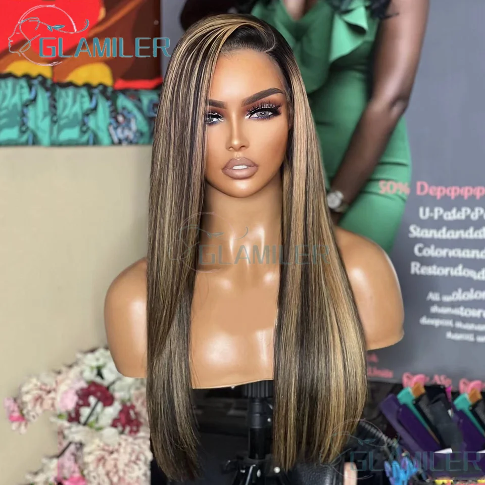 Highlight Straight 13x4 Silk Base Lace Frontal Wigs Human Hair Blonde Highlights Colored Brazilian 5x5 Silk Top Closure Wigs