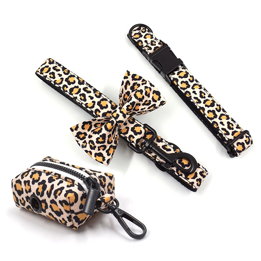 Pet Harness Leash Set Brown Leopard Dog Harness Boy Dogs Engraving Collar Leash Removable Bow Poop Bag Luxury