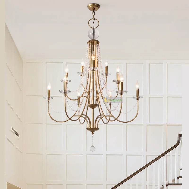 

American Vintage staircase Chandelier Lighting retro wrought iron three-story Led lamp living room candle crystal chandelier