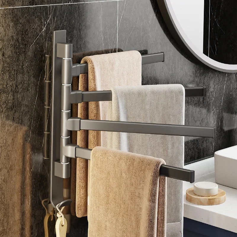 Towel Rack Rotatable Swing Arms Wall Mounted Bracket 2-5-Bar Aluminum Towel Bars Hanger Organizer Bathroom Kitchen Save Space