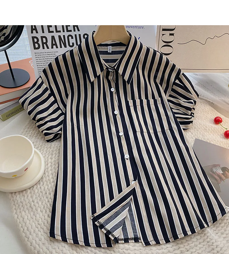 

Summer new loose lapel striped puff sleeve casual short-sleeved shirt