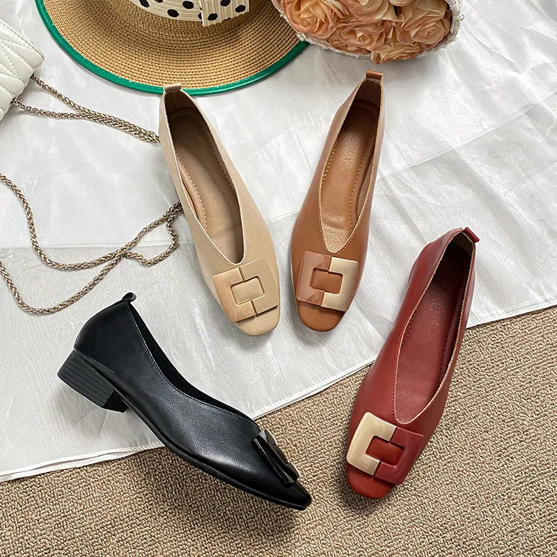 2023 New French Low Heel Square Head Shallow Mouth Single Shoes Women's Soft Sole Flatsole Shoes Design Sense Women's Shoes