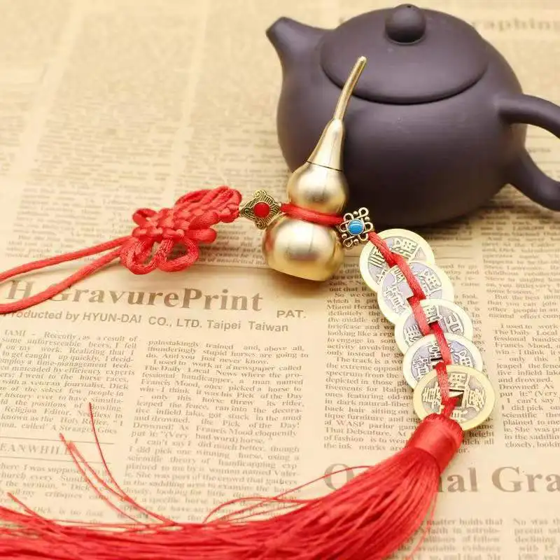 

Подвеска в виде тыквы с китайским узлом и кисточкой Фэн-шуй Ху Лу с 5 подвесками «монета», подвесные украшения, открытые украшения для дома, подвеска для автомобиля